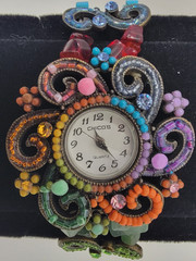 VINTAGE CHICO’S CUFF BRACELET BEADED WRIST WATCH MULTICOLOR CRYSTALS NEVER WORN!