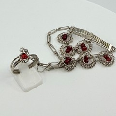 Vintage Y2K Silver Tone Red Glass Bead Slave Bracelet Ring Hand Chain Set Retro