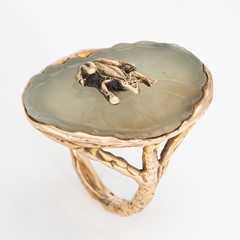 70s Vintage Agate Frog on Lilypad Ring 14k Yellow Gold 9 Fine Cocktail Jewelry