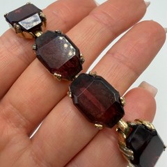 Elegant Vintage Art Deco Garnet Glass Riviera Necklace Rich Red Stones Gold Tone