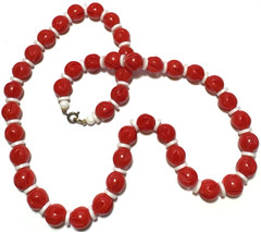 Vintage Jewelry Necklace Bright Red Beaded White Acrylic Glossy Textured 22