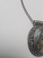 Vintage Silver Tone Abalone Shell Oval Pendant Necklace Boho Statement Jewelry