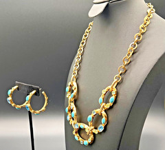 RJ Graziano Vintage Turquoise Blue Topaz Crystal Gold Tone Necklace Hoop Earring