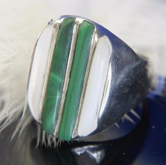 Men’s Vintage 3/4″ Mom of Pearl Malachite Sterling Silver 0.925 band Ring size 9