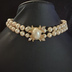Vintage Marvella Pearl Double Strand Rhinestone Choker Necklace w/original tag