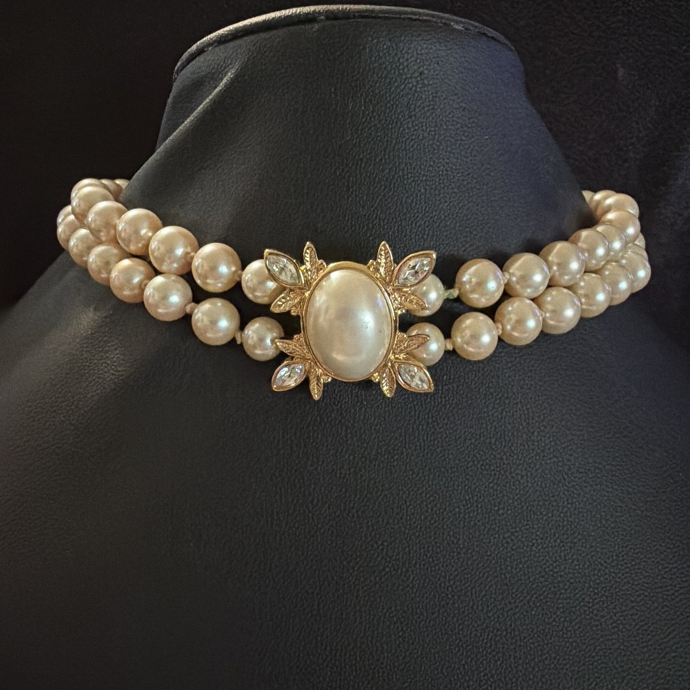 Vintage Marvella Pearl Double Strand Rhinestone Choker Necklace w/original tag