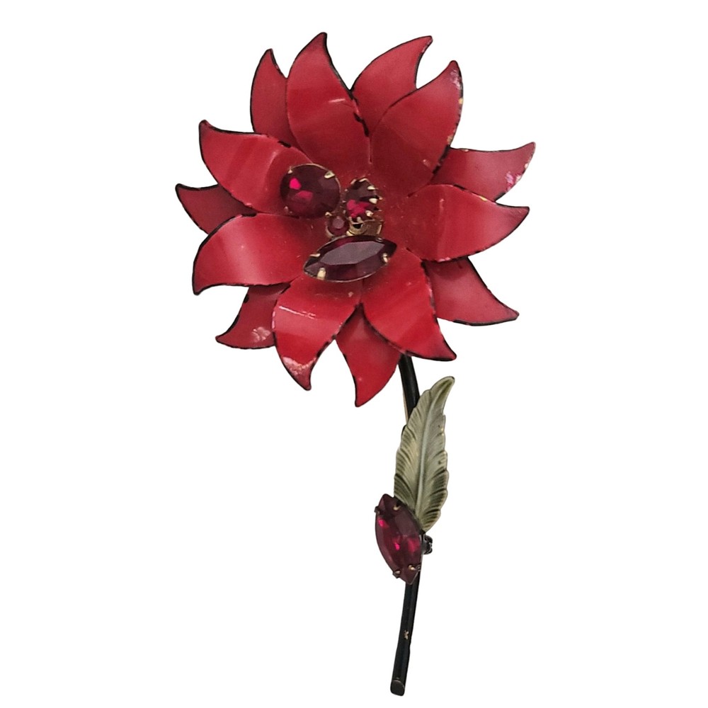 Francois Red Enamel Rhinestone Metal Stemmed Flower Brooch, Signed E957