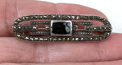 Antique Art Deco Sterling Silver Marcasite & Black Enamel Brooch Beauty Pin 1.5″