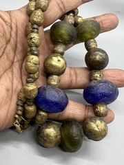Vintage Blue Green Tumbled Glass Brass Beaded Necklace 24”