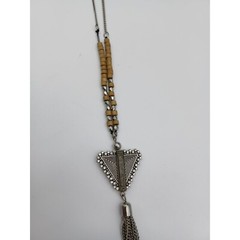 Vtg Wood Beads & Metal Triangle Geometric Pendant w Tassel Silver Chain 17.5″