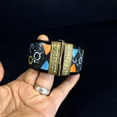 Vintage Mid Century Modern Atomic Cosmic Bangle Cuff Bracelet Inlays Brass