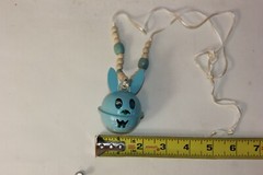 Vtg Blue Easter Bunny Rabbit Jingle Bell Necklace Metal Wood Beads Spring Gift