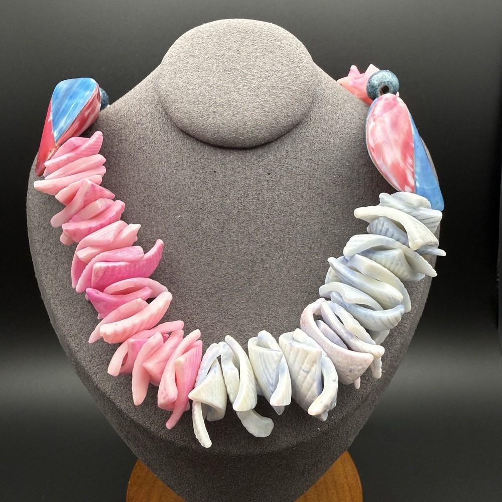 Vintage Shell Necklace Chunky Pink Blue Dyed Shell Beads Bold Beach Statement