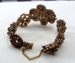 1 5/8″ WIDE ANTIQUE VINTAGE BOHEMIAN GARNET GOLD GILT STERLING SILVER BRACELET