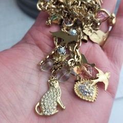 Vintage Kirks Folly Cat Charm Dangle Necklace Birds Crystals Bows Cats Heart 26″