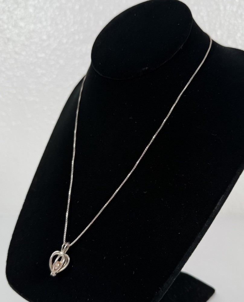 Vintage Pink Pearl Cage Heart Pendant Necklace Sterling Silver Made In Italy