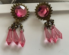 Vintage Brass Tone And Pink Resin Drop Clip On Earrings, 2 Inches Long