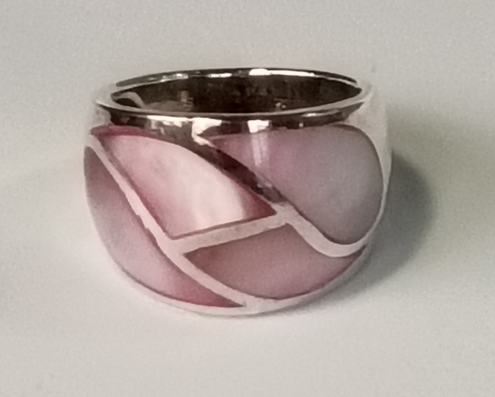 Vtg Sterling Silver Inlay Pink & White MOP Wide Ring 11.75 Gm Sz 8