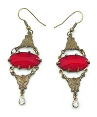 Vintage Signed GWS Glass Works Studio Victorian Copper Red Glass Earrings