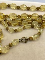 VTG Art Deco faceted Citrine glass bead necklace 32″ brass spacers 10-17mm
