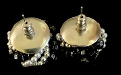 Vintage Black Silver Gray Cluster Beaded Round Faceted Stud Earrings 1” D