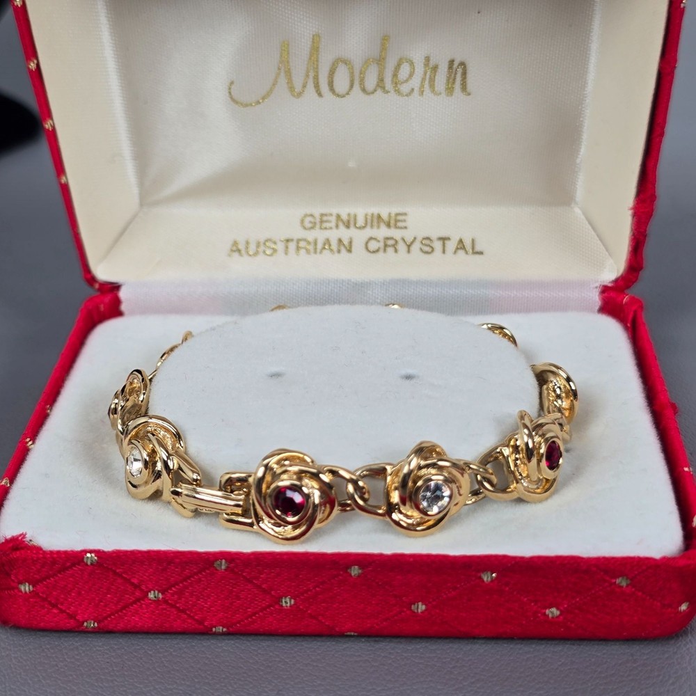 Vintage Gold-Tone Floral Bracelet W/ Whiter/Red Austrian Crystals & Original Box