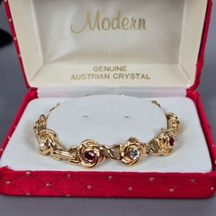 Vintage Gold-Tone Floral Bracelet W/ Whiter/Red Austrian Crystals & Original Box
