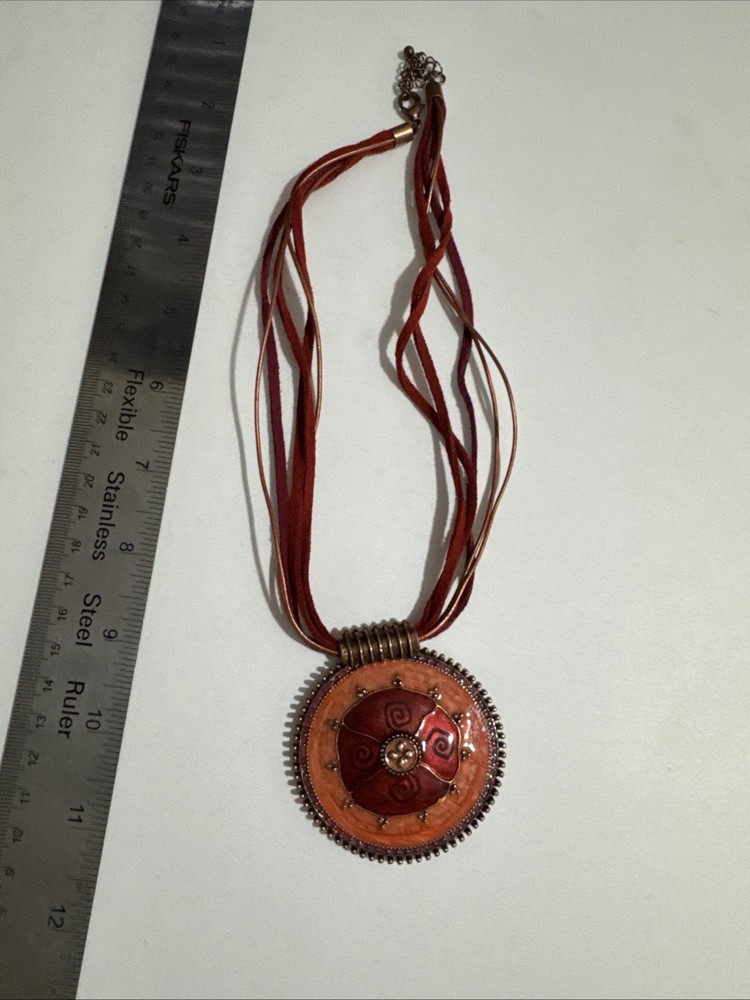 Antique copper red enamel sun flower medallion cord necklace