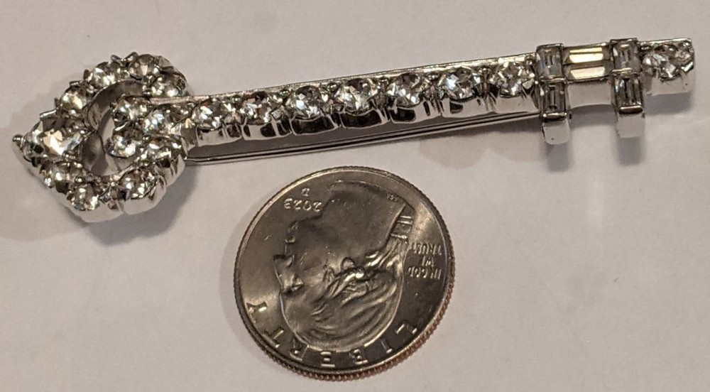 Vintage RARE Jomaz Rhinestone Key Brooch Pin Skeleton Large Signed