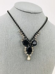 Vintage Estate Jet Black Clear Glass Rhinestone Necklace Elegant Long 24″