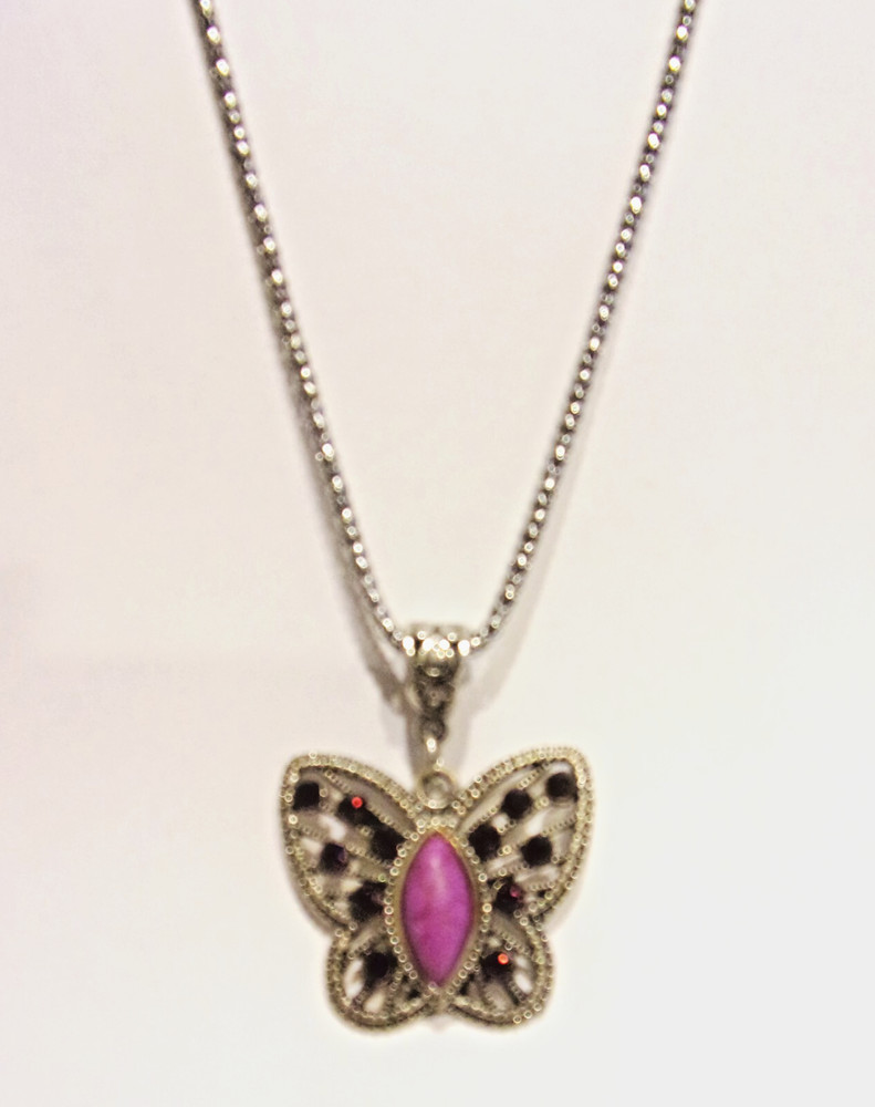Vtg Butterfly Purple Howlite,Red Ab Crystals ,Plated Silver Tone Metal Necklace