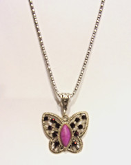 Vtg Butterfly Purple Howlite,Red Ab Crystals ,Plated Silver Tone Metal Necklace