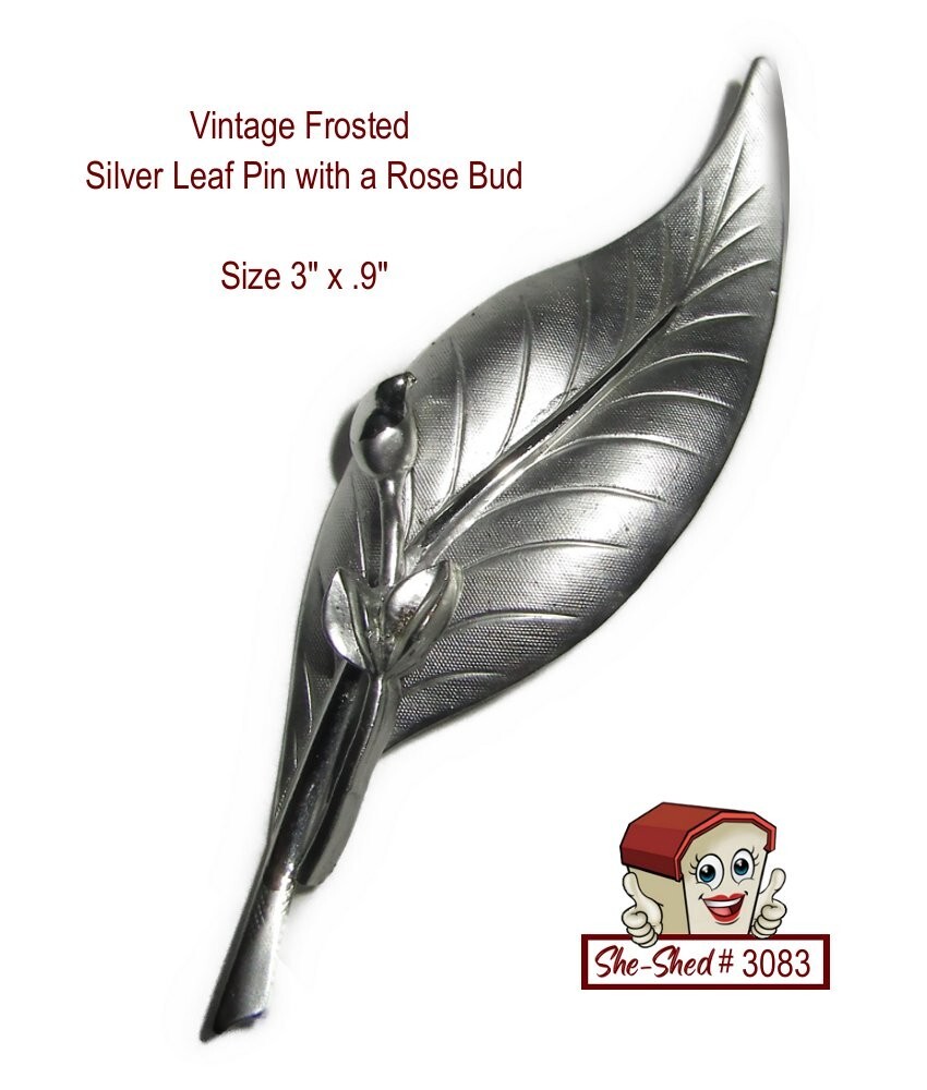 Vintage Frosted Silver Tone Leaf Brooch Rose Bud Floral Costume Jewelry Pin VGC