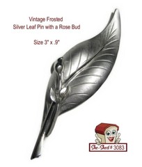 Vintage Frosted Silver Tone Leaf Brooch Rose Bud Floral Costume Jewelry Pin VGC