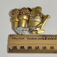 Vtg Danecraft Brooch Pin Gardening Tools Gardner Flower Pots Watering Can Estate