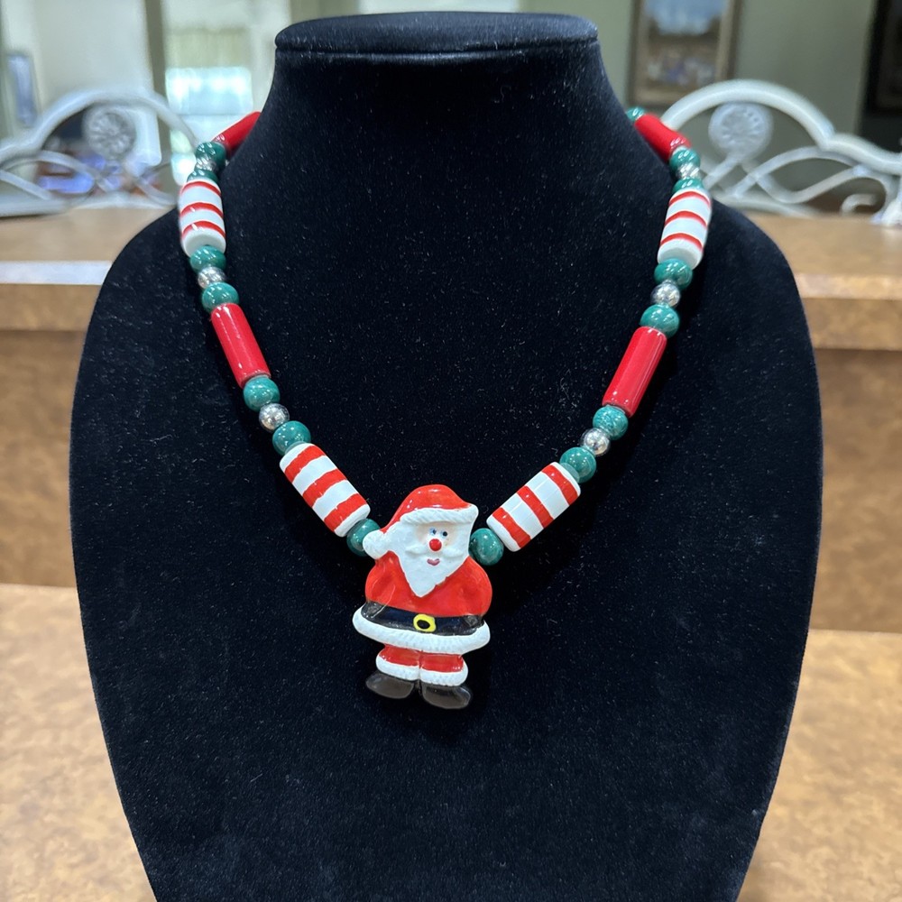 Vtg Flying Colors Christmas Santa Claus Ceramic Necklace Collectible 1980s 20”