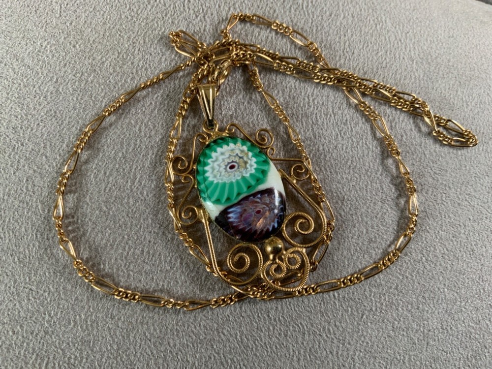VTG green purple Suffragette art glass pendant figaro Pot metal Opera necklace