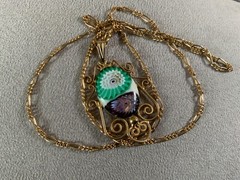 VTG green purple Suffragette art glass pendant figaro Pot metal Opera necklace