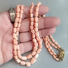 Japanese Angel Skin Pink Carved Coral 5.2-9.7mm. 2 layers Necklace 18″, 27.5g.