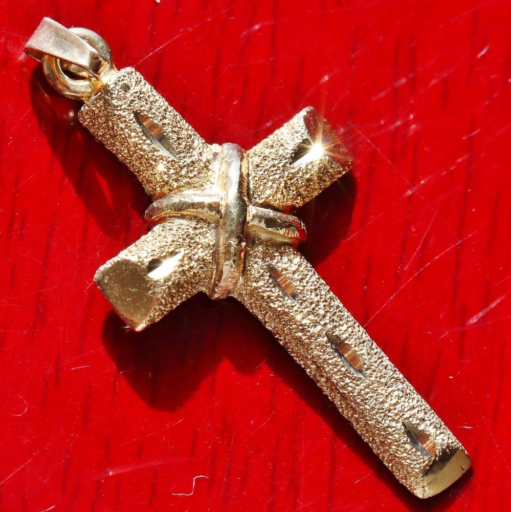 14k yellow gold 1.35″ diamond cut cross charm pendant handmade 2.45gr N3098C