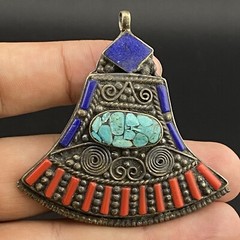 “Axe” Head Shape Masterpiece Old Ethnic Unique Tibetan Multi Colour Pendant