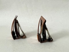 Vintage MATISSE Earrings Bronze Frame Green Inset Speckled Clip On Jewelry