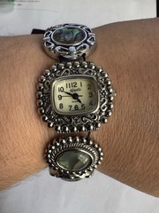 Vintage Japanese Novelle Quartz Abalone Silver Tone Watch Bracelet Stretchy 8”