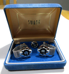 VTG SWANK mesh WRAP Men SET Cuflink Lapel Tie tac pin Blu Rhinestone Silver Tone