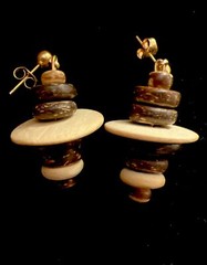 Vintage Retro Wood Gold Bead Discs Bohemian French Wire Earrings Studs Lot Of 2