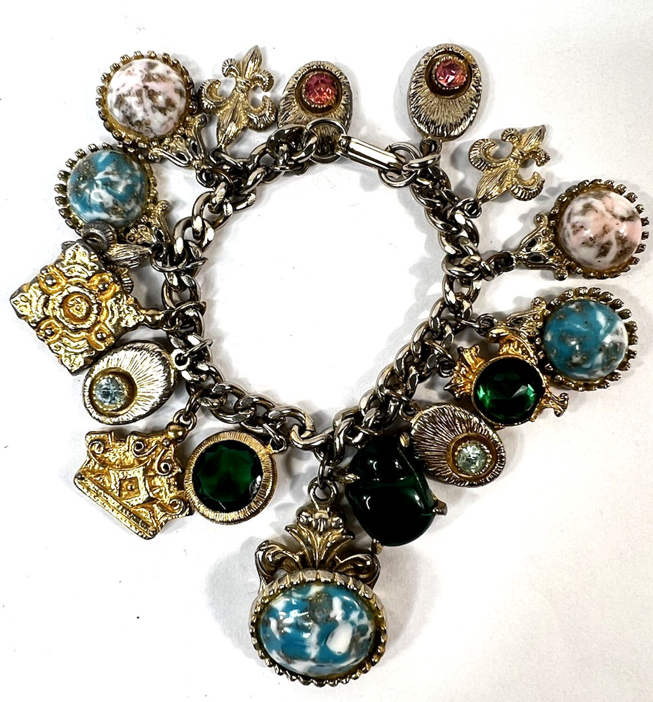 Vtg 1950s 60s Chunky Gold Tone Charm Bracelet French Fleur De Lis Faux Gemstones