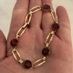 VTG Simmons Art Deco Bracelet Red Faceted Glass 10k Gold Filled Links Signed