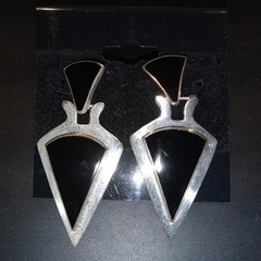 VTG 925 Sterling Modern Art Deco Design Onyx Inlay Drop Post Earrings Triangular