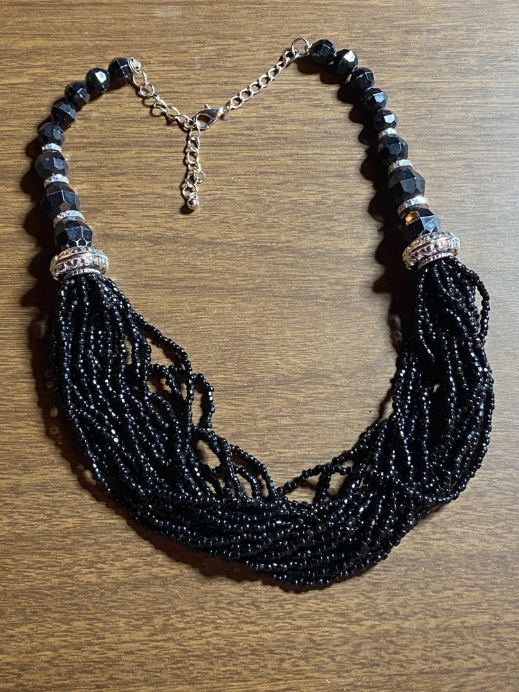 Black Lucite & Glass Seed Bead Multi Strand Fashion Necklace Jewelry 20″ adj