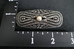 Vtg 935 Silver Marcasite & Pearl Brooch Oblong Infinity MCM Higher Grade Silver